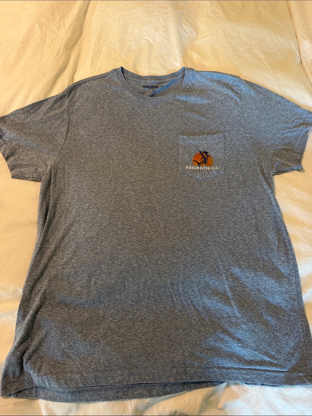 Margaritaville Heather Gray Short Sleeve Pocket Tee with Sunset Logo